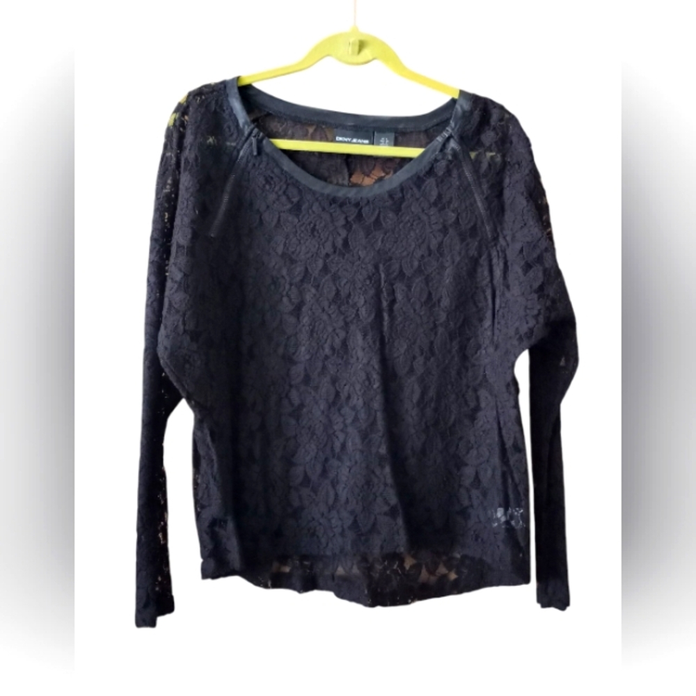 DKNY Jeans Small Black Whimsigoth Witchy Lace Pleather Trim Zipper Detail Top